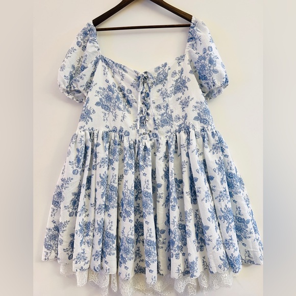 🌿 CIDER Cottage Core Blue Toile Floral Puff Sleeve Mini Dress 2XL - Picture 4 of 10